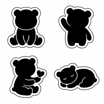 Cute Baby Polar Bear Black Vector Sticker Set with Thick White Die-Cut Outline
