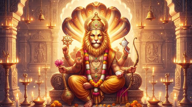 Lord narasimha avatar of vishnu seated in majestic temple setting with sacred lamps