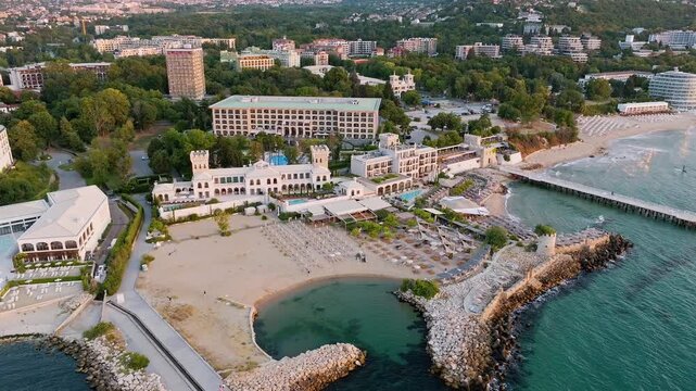 St Constantine Helena luxury beach resort aerial drone view white architectural complex lagoon pier Black Sea coast sunrise light summer travel Bulgaria