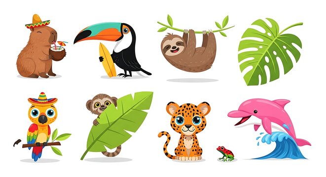 A Delightful Collection of Adorable Cartoon Jungle and Tropical Animals Vector Set