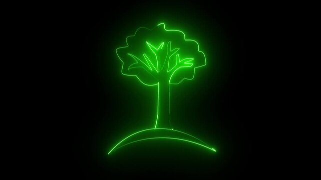 Tree outline illuminated with a vibrant green neon glow appears on a pitch-black background, serving as an eco-friendly glowing icon for environmental projects.