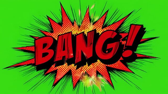 Six Pop Art comic explosion word bubbles BANG! with green screen background