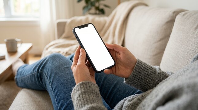 Smartphone mockup with blank white screen, person holding mobile phone on cozy sofa, digital screen template for app presentation