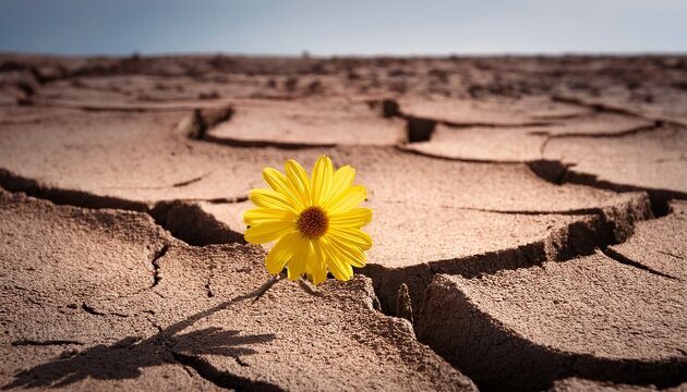 single yellow flower growing through a crack in dry parched earth