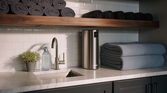 Sunlit bathroom vanity with undermount sink, curved faucet, stacked and rolled towels on wooden shelf