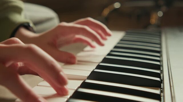 Tight closeup of hands actively playing piano keys, fingers curved and pressing alternating black and white keys while others hover for quick transitions; visible motion blur and varied finger