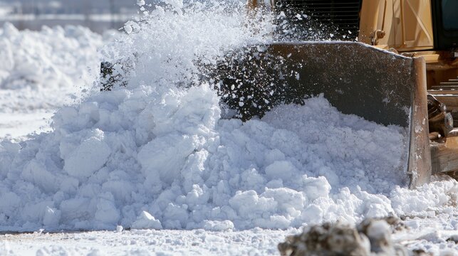 Bulldozer bucket pushing frozen slush during a brutal winter snow removal operation, clearing icy roads and heavy snow buildup to maintain safe transportation and public access