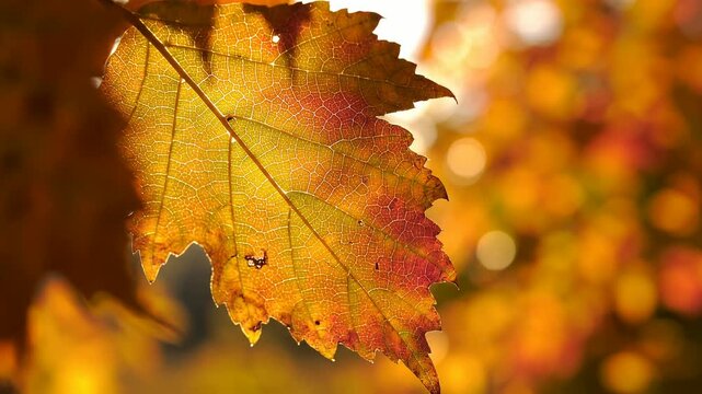 陽光にきらめく紅葉の葉脈模様