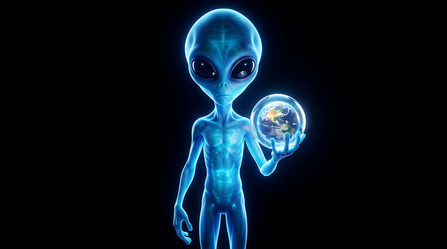 Futuristic glowing blue alien holding a crystal sphere containing planet Earth
