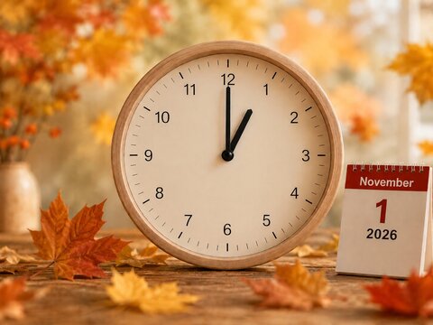 Daylight Saving Time Ends on November 1, 2026 with Clock and Autumn Leaves
