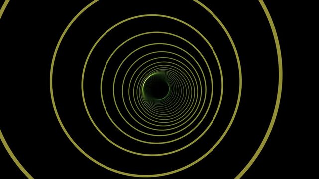 Tunnel of glowing gold concentric circles forming an infinite abstract optical illusion, endless depth visual effect, futuristic digital loop art, 3d render