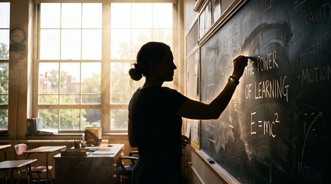 Teacher writing physics formulas on a chalkboard in a sunlit classroom