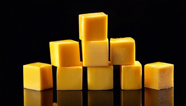 bright yellow cubed cheese pieces stacked together on black background cubes backgrounisolated on white background