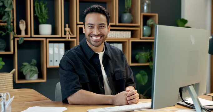 Sustainability, computer or man in office with face, impact advisor or pride as csr consultant. Happy, tech or esg compliance specialist with laugh, about us or confidence in environmental service.