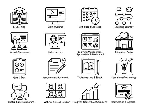 Modern Minimalist Icons Showcasing Digital Business Solutions and Office Productivity Tools in Clean Black and White
