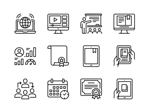 Modern Minimalist Icons Showcasing Global Connectivity, Analytics, Teamwork, Calendar, and Tech Devices in Clean