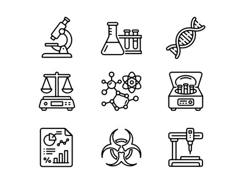 Minimalist Black and White Icons Set Featuring Science, Medicine, Law, and Data Visualization Symbols in Flat Vector
