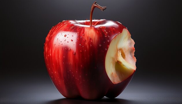 glossy red apple with stem and single bite on dark background isolated on white background