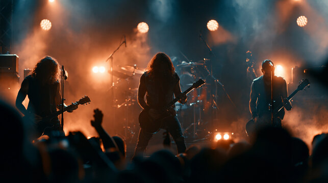 Live rock band performing on stage with guitarists and crowd under dramatic lights