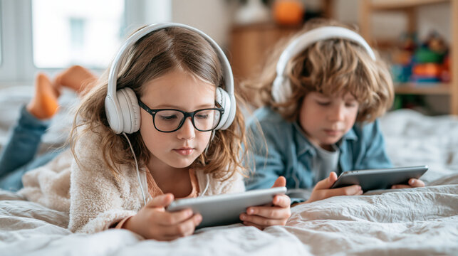 Two children wearing headphones playing on tablets while lying on a bed at home