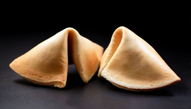 two folded light beige fortune cookie shells on black background