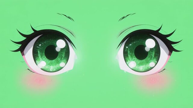Anime Eyes Expressing Emotions with Subtle Blinks and Twinkles on Green Background Cinematic