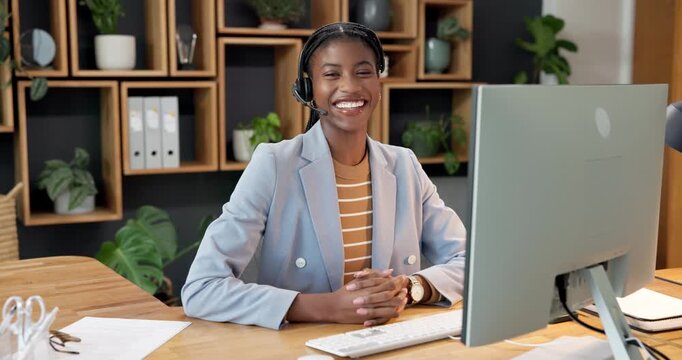 Face, computer and happy woman in call center, help and customer service consultant in office. Headset, black person and support agent with technology, typing and contact us for assistance with smile