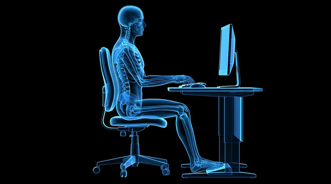 3D X-ray of a Person Sitting at a Computer with Correct Posture for Ergonomics and Health
