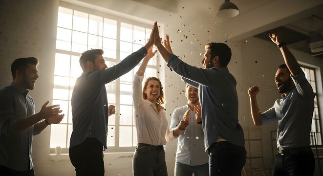 Group of young coworkers celebrating with high fives and confetti in a bright modern office during the day