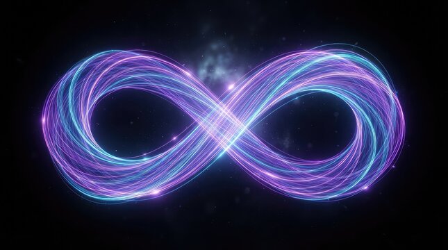 Vibrant neon infinity symbol glowing with futuristic energy waves in dark space