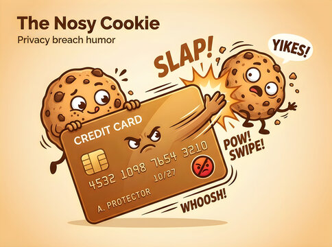 Nosy browser cookie character stealing credit card financial data, internet privacy security breach humor, cartoon illustration