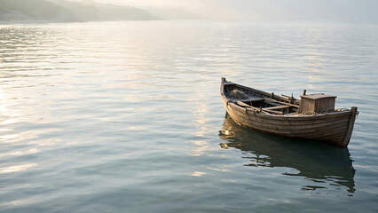 Fototapeta premium Old wooden fishing boat gently drifts on a tranquil, misty lake at dawn, evoking a sense of peaceful solitude and timeless calm