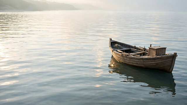 Old wooden fishing boat gently drifts on a tranquil, misty lake at dawn, evoking a sense of peaceful solitude and timeless calm