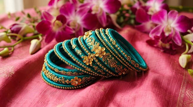 Elegant teal silk thread bangles with gold floral embellishments on a pink fabric background