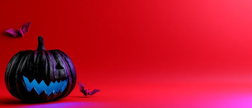 A vibrant red background features a spooky halloween pumpkin with a blue face surrounded by bats perfect for festive promotions