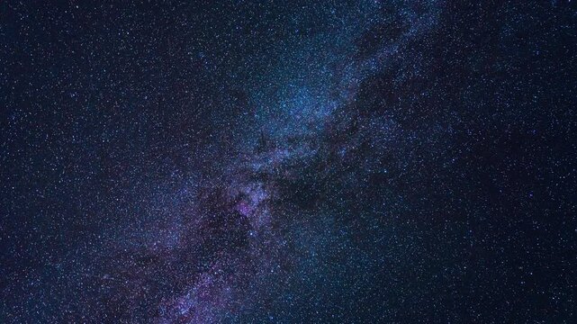 Milky Way and stars drift across dark sky in astrophotography timelapse with satellite trails in purple galactic field, creating rich cosmic texture and celestial background with continuous motion