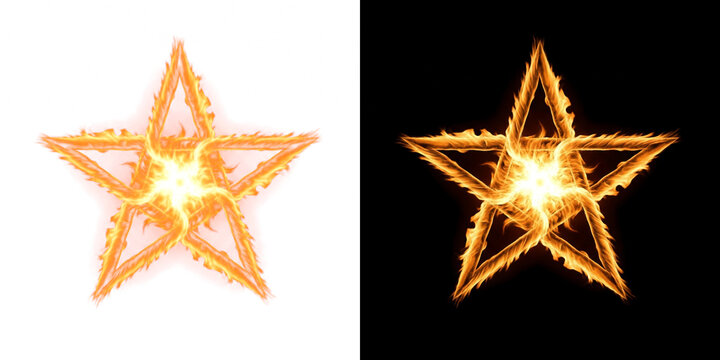 Flaming five pointed star design element with roaring blazing core fire overlay isolated on transparent background