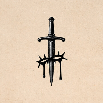 Dagger with thorny stem tattoo design, minimal traditional tattoo art