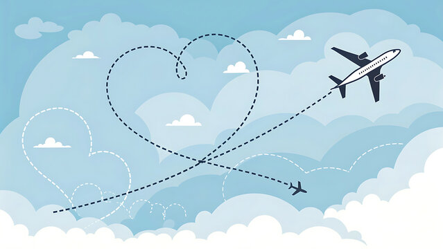 Airplane drawing a heart shape in the blue sky with clouds, travel and love concept.