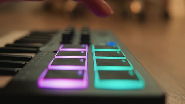 Close view of electronic music controller with glowing magenta and cyan pads being tapped by fingertips, soft reflections, shallow focus, diagonal layout, and lively interactive performance mood