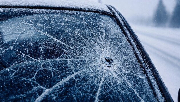 Close up of a cracked car windshield covered in frost during a cold snowy winter day