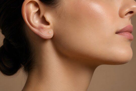 Earlobe rejuvenation hyaluronic acid filler injection template. Premium ear lobe volume restoration and anti aging correction close up