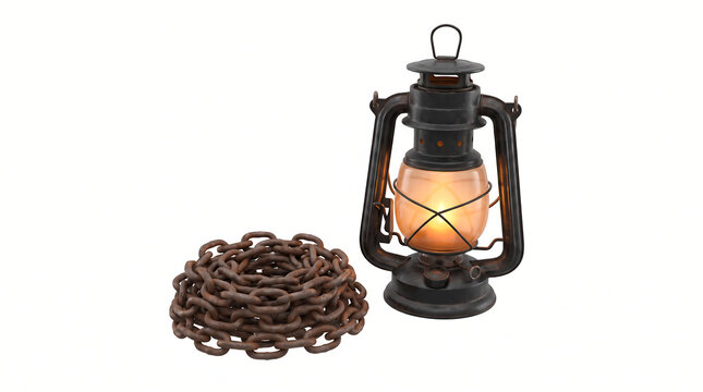 Vintage hurricane lamp with a warm glow standing beside a pile of rusty metal chain against a white background for historical illustrations, cinematic set design, and commercial overlays.