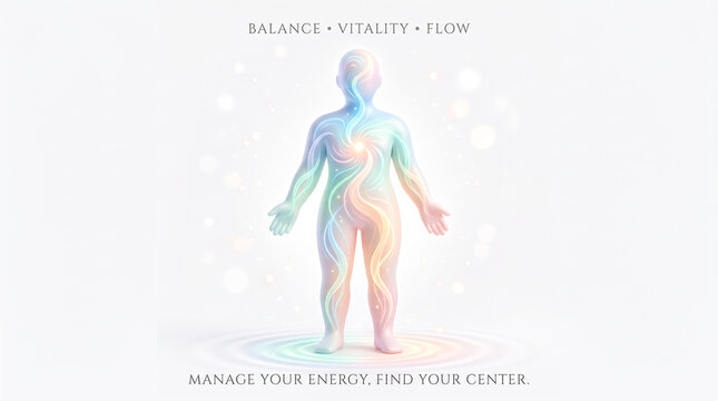 Human energy field visualization with swirling rainbow colors and light effects