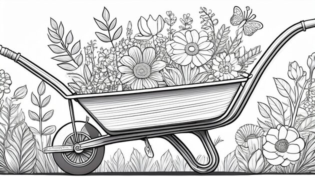 garden theme coloring page of a wheelbarrow filled with flowers and surrounded by plants outline for coloring