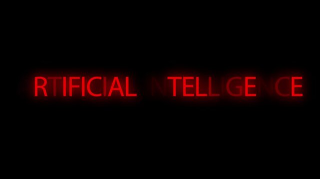 Artificial intelligence text glows in bright red neon against a dark background.