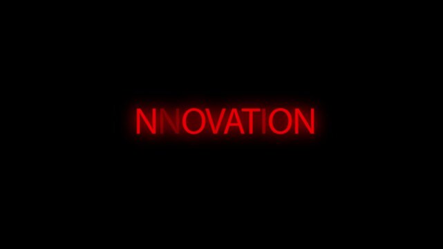 Innovation typography shines with a red glowing neon effect on a black background.