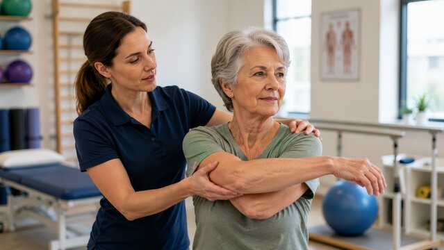 Physical therapist guiding an elderly woman through assisted shoulder stretch and mobility exercises in a rehabilitation clinic for posture, range of motion and recovery