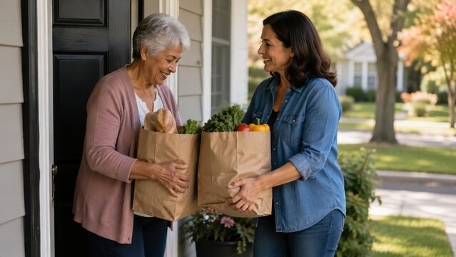 Smiling middle-aged woman delivering grocery bags to an elderly woman at her front door, exchanging fresh produce and bread in a friendly neighborhood setting