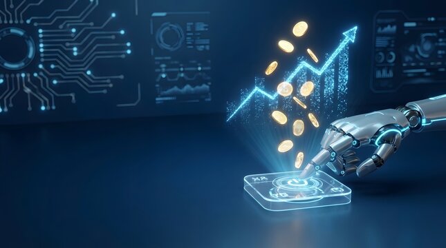 Robot hand touching a digital interface with rising financial growth graph and falling gold coins, representing ai in finance